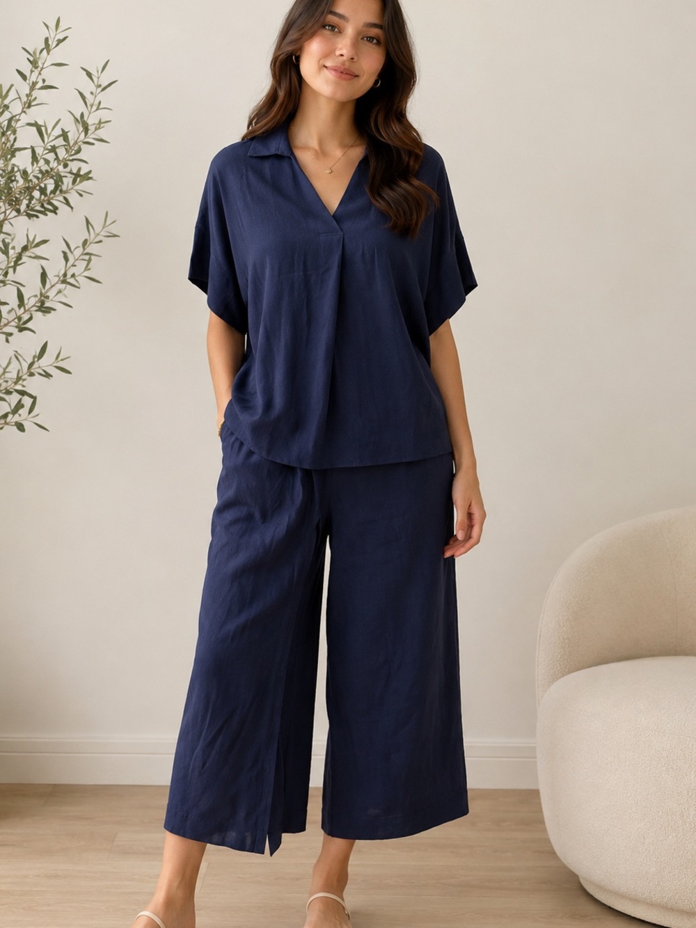 [SET] Mango Relaxed Navy V-Neck Top (S)  & Bottoms (XS)- Women